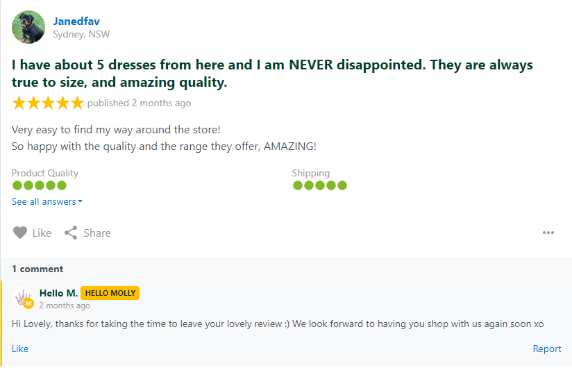 Positive reviews from Hello Molly customer