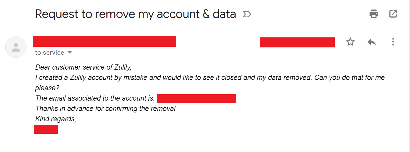 Delete your account through email