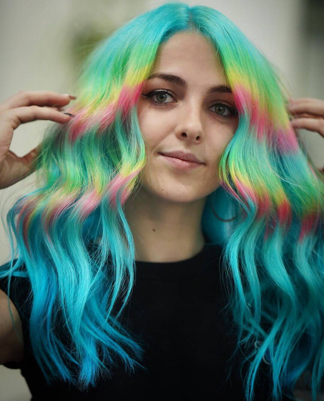 rainbow hair color with hazel eyes