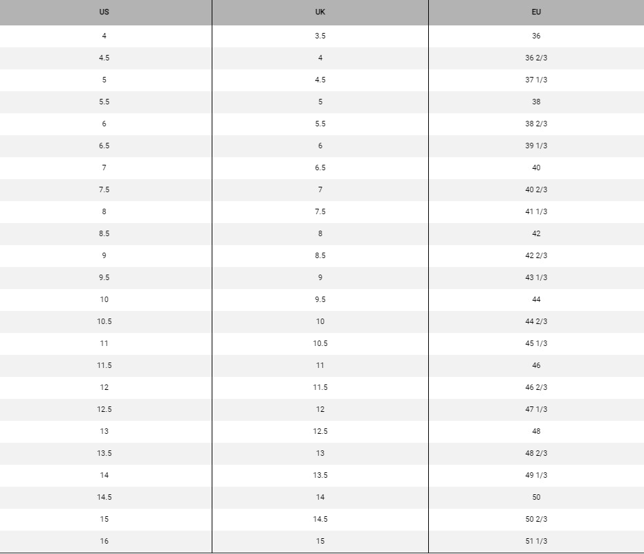 Adidas Shoe Size Chart - Foot Locker