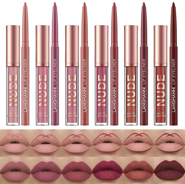 Lip Liner and Lipstick Makeup Set 6 Velvety Matte Liquid Lipsticks