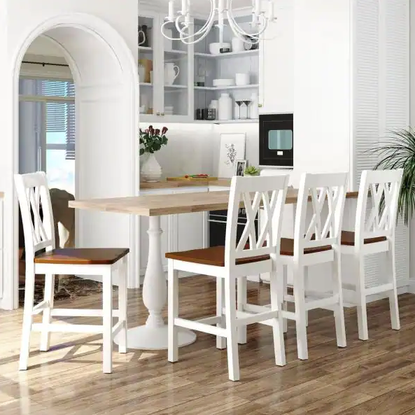 Farmhouse White and Cherry Color Wood Counter Height Kitchen Dining Chairs Set