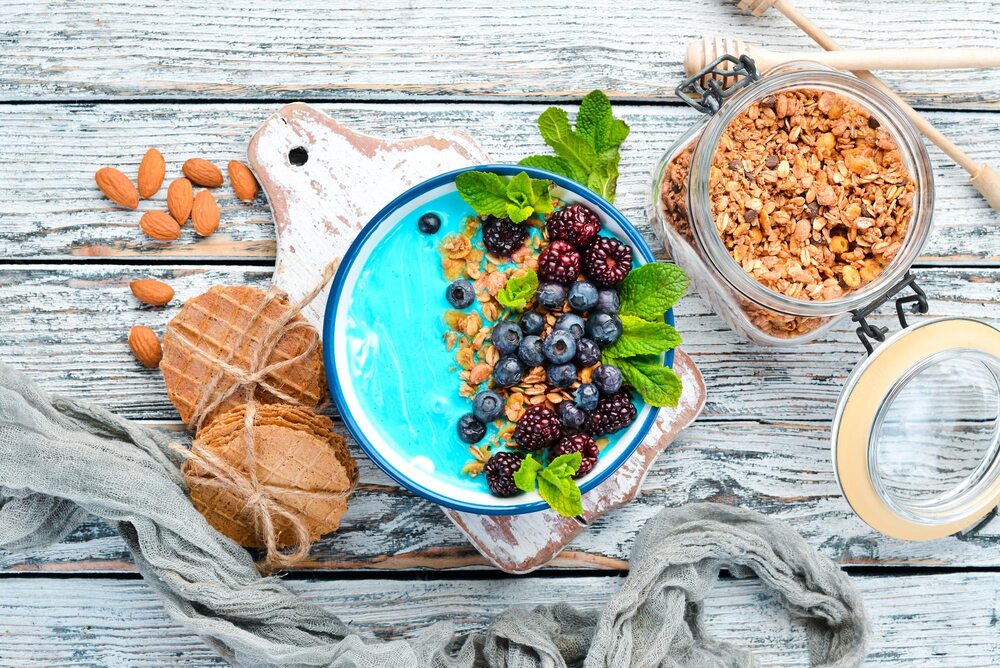 Blue Greek Yogurt and Granola bowl