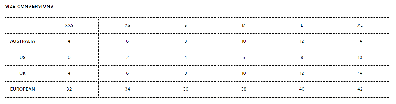 Hello Molly size chart - size conversions - hello molly sizing - hello molly size guide