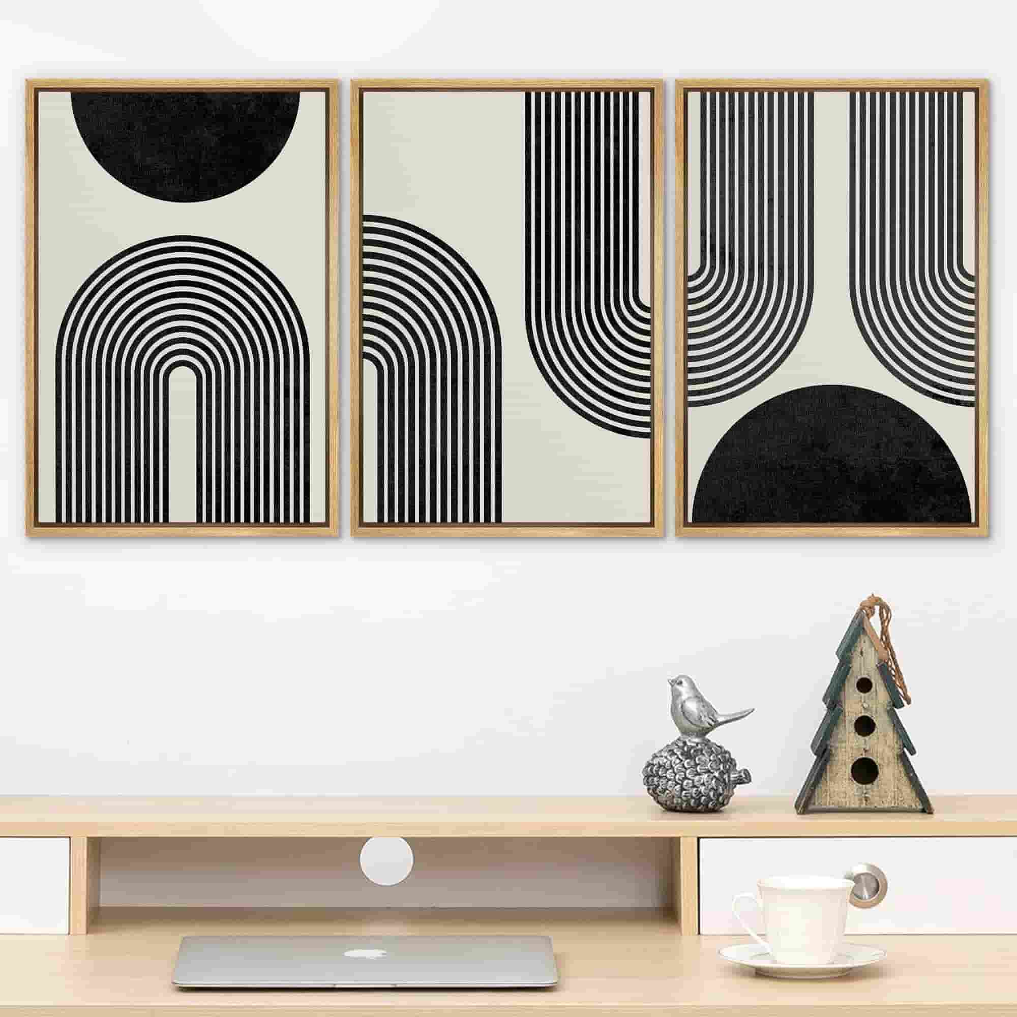 Large framed wall art set of 3: Spiral Parabolas & Solid Semi Circle