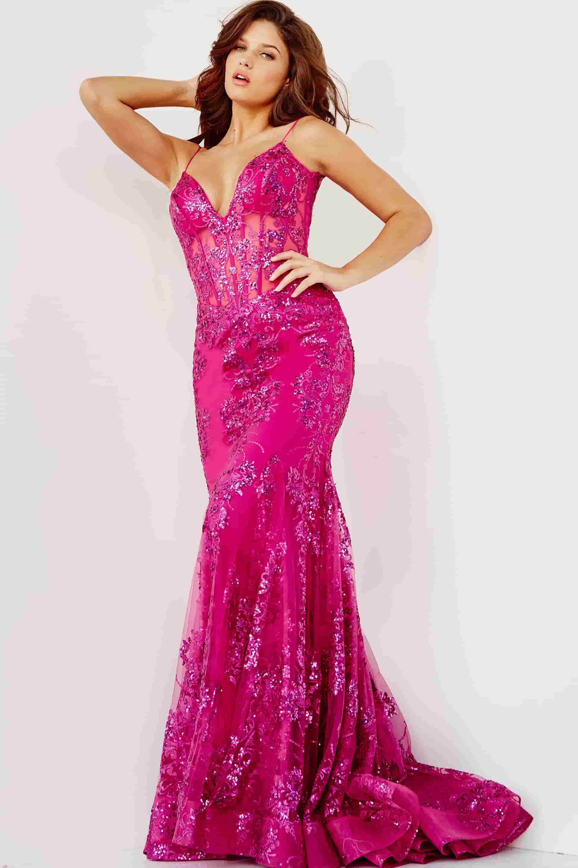 Jovani 3675 Embellished Pink Mermaid Prom Dress