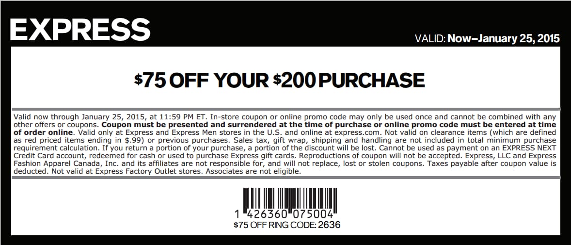 Express coupon code $75 off $200 online - Express coupon in-store 